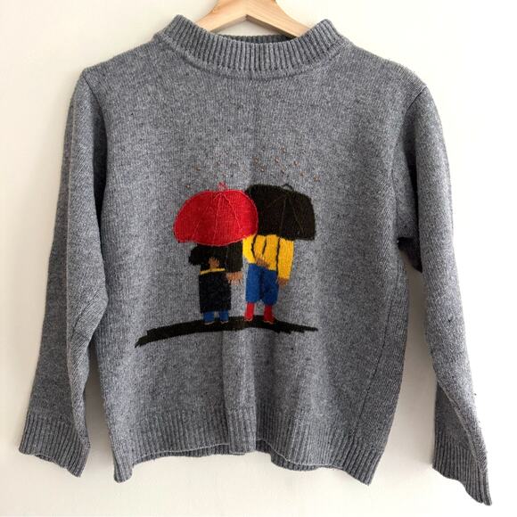 VINTAGE Hand Knit Sweater Friends Under Umbrellas Size Small - Picture 1 of 4